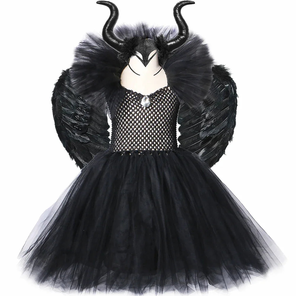 Girls Black Evil Queen Maleficent Tutu Dress Horns Wings Dark Witch Cosplay Carnival Halloween Costume for Kids Fancy Clothes