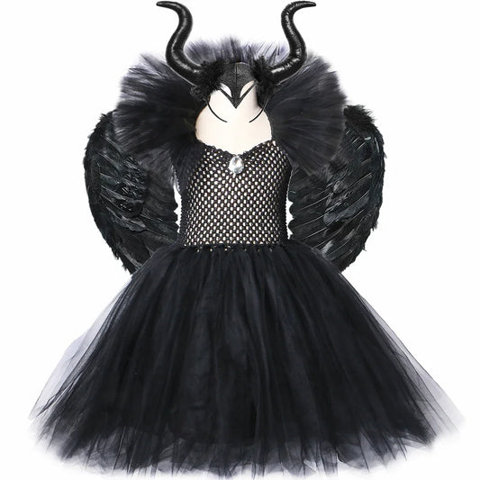 Girls Black Evil Queen Maleficent Tutu Dress Horns Wings Dark Witch Cosplay Carnival Halloween Costume for Kids Fancy Clothes