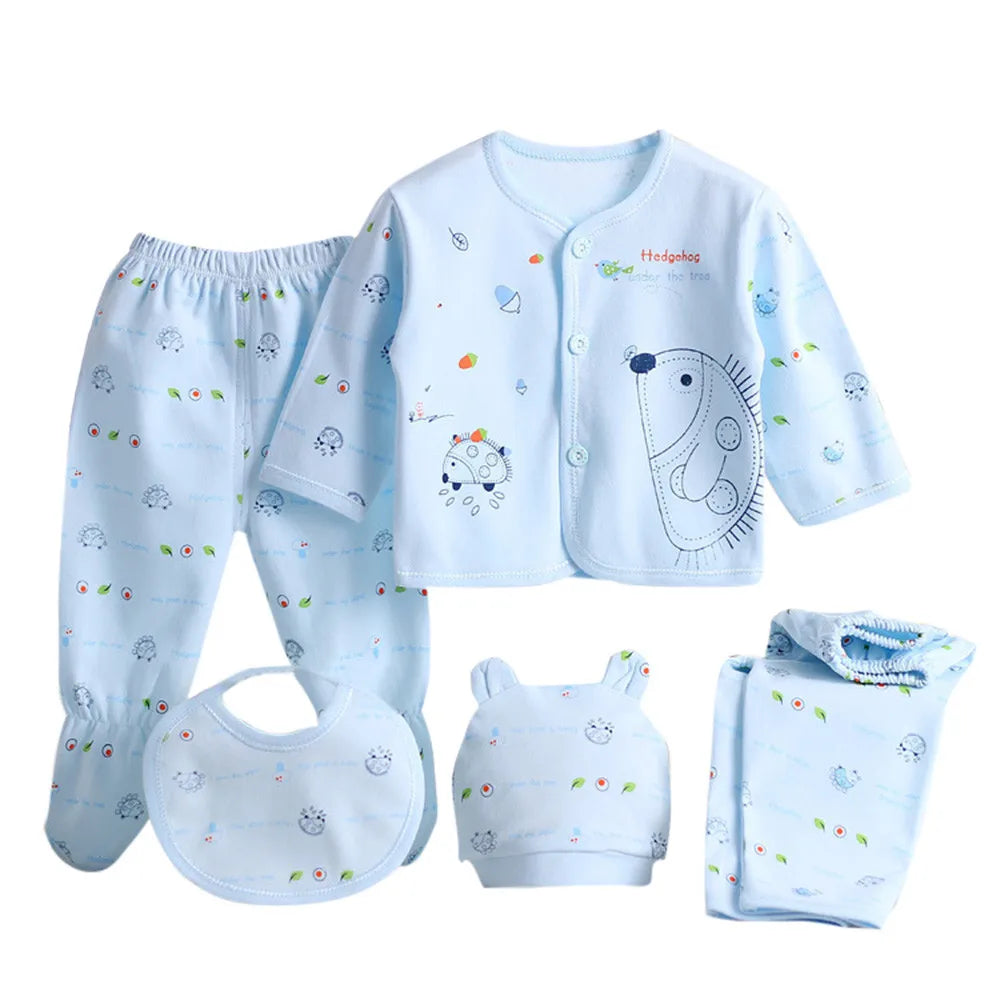 5PCS Newborn Baby Boy Girl Cartoon Long Sleeve Tops+Hat+Pants +Bib Outfit Set