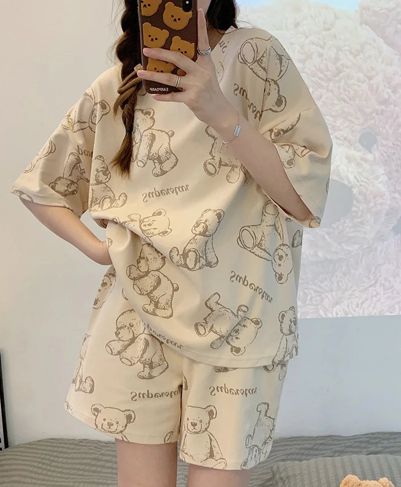 New Women's Pajamas Two-Piece Summer Thin Section Of Short-Sleeved Shorts Cute And Comfortable Milky Outwear Homewear Suit
