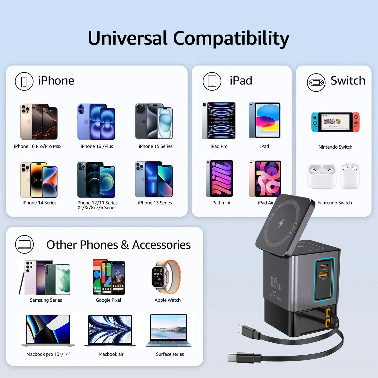 GaN 6 in 1 105W Magnetic Wireless Charger Stand 15W Fast Wireless Charging Desktop Dock Station For iPhone16 15 14 13 Airpod