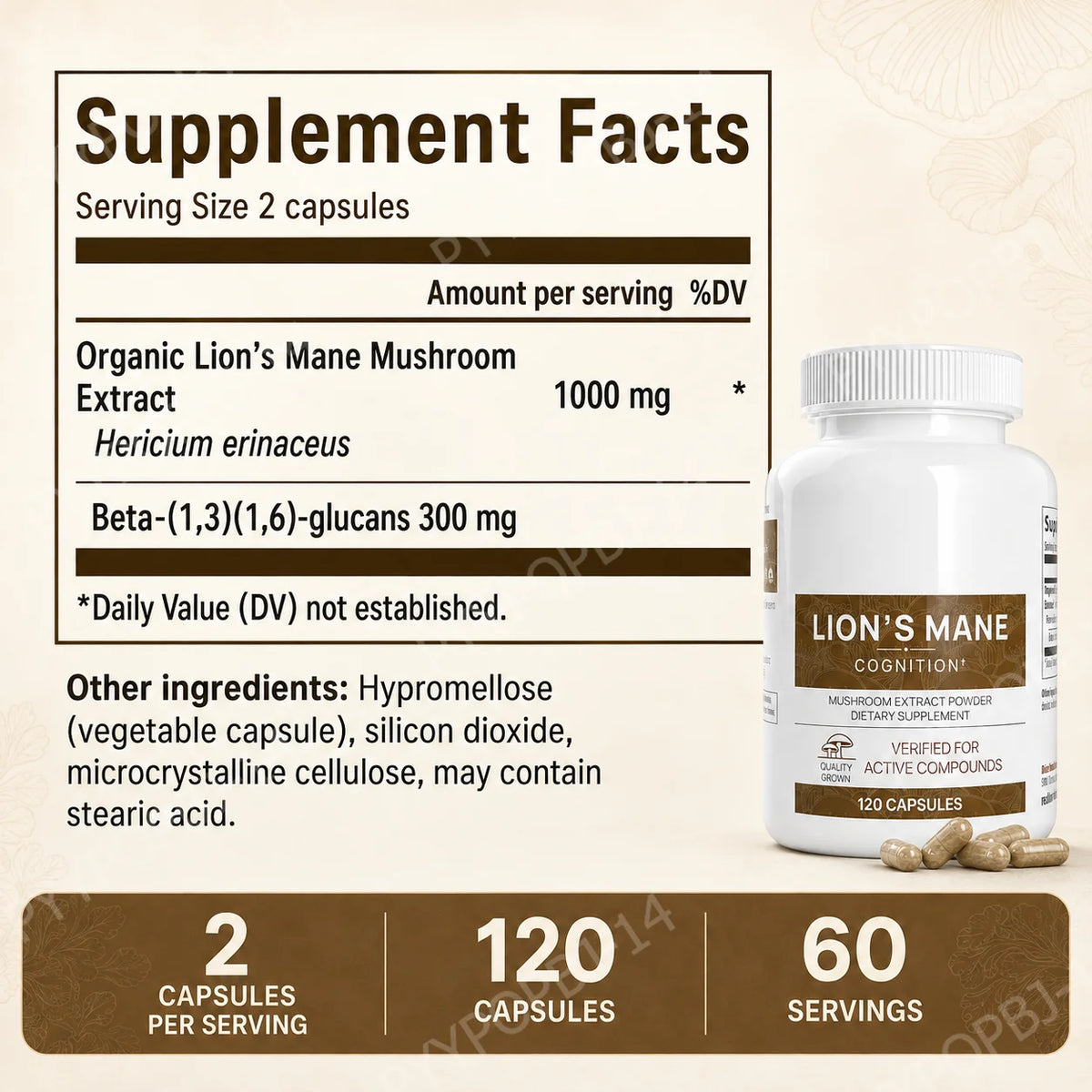 Lion’s Mane Mushroom Extract Capsules 1000mg, 300mg Beta Glucans, 120 Count, Vegan Non-GMO Gluten Free Daily Blend