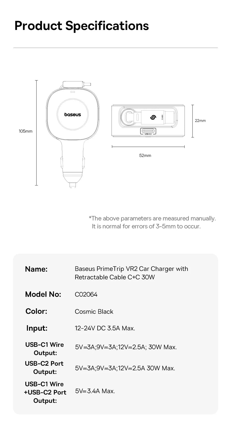 Baseus 30W Car Charger USB-C Type-C Retractable Fast Charging Car Phone Charger Adapter