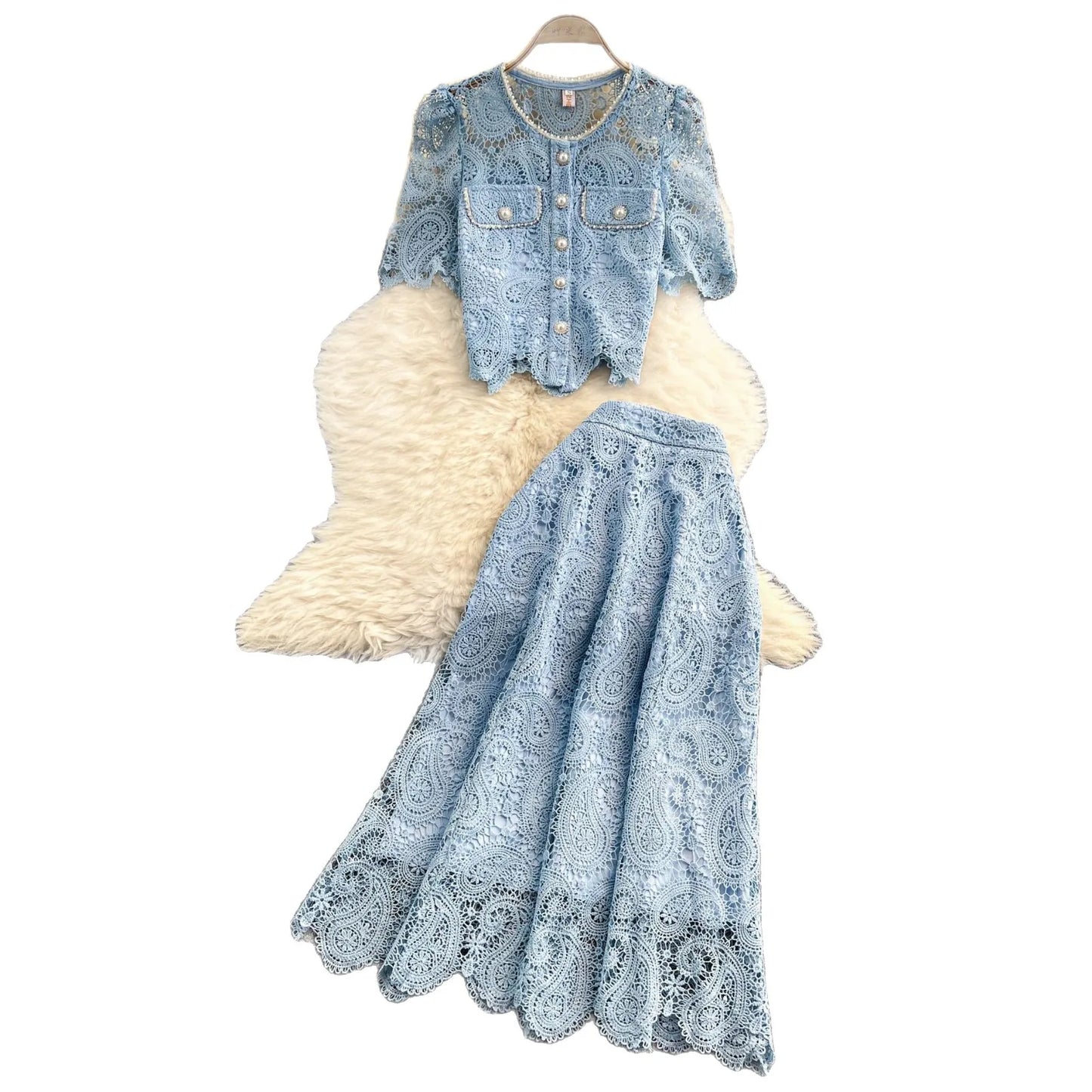 Women Two Piece Sets Skirt Set Embroidery Lace Hollow Out Half Sleeve Shirt Long Skirts A Line High Waist Elegant Work Spring