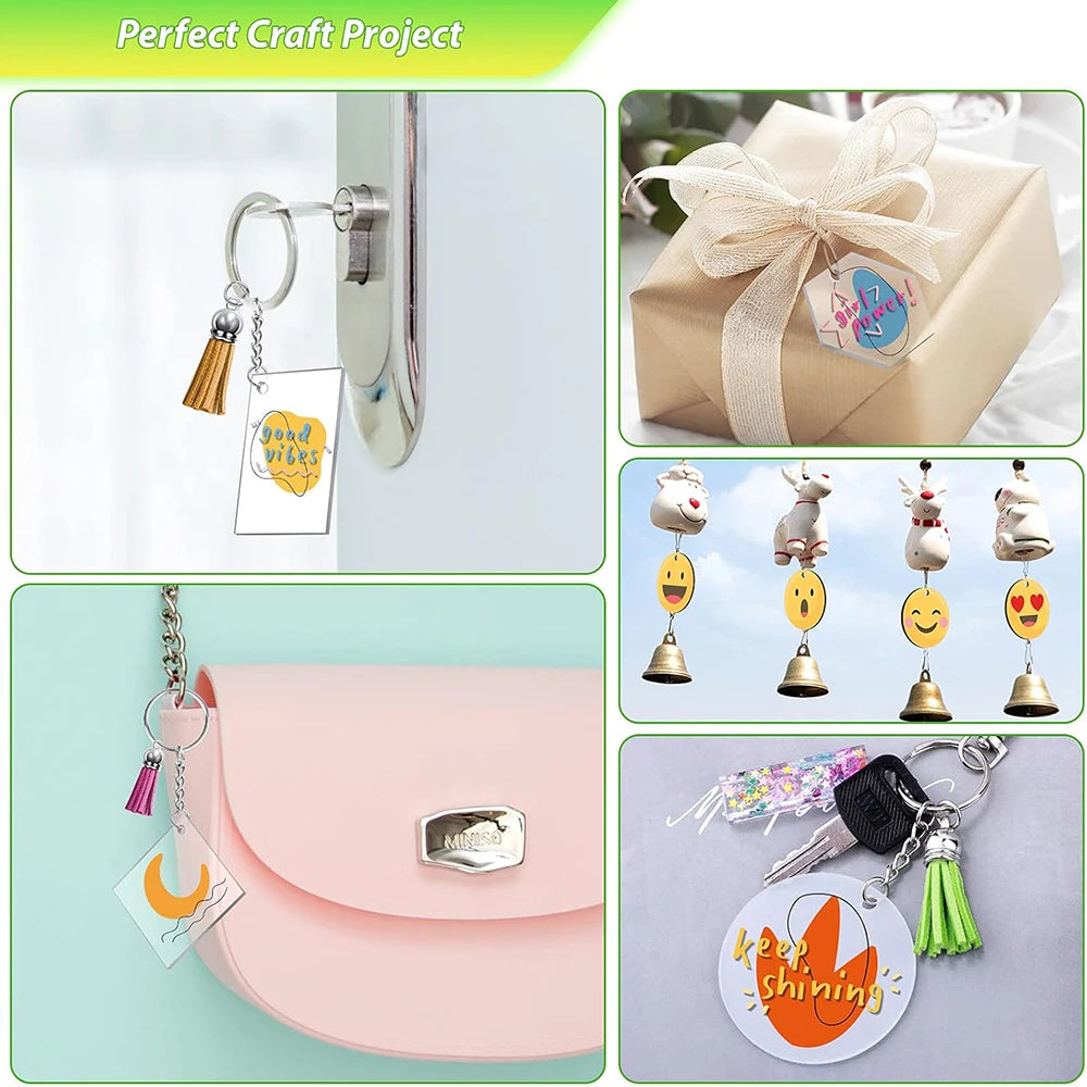 200Pcs Acrylic Keychain Blanks Bulk with 5 Shapes Clear Acrylic Disc Leather Tassel Charms Key Chains Jump Ring for DIY Craft