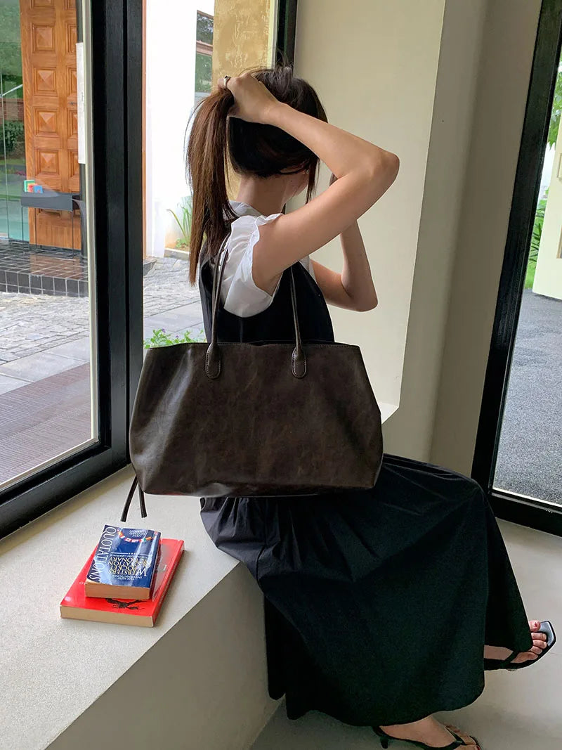 Women's PU Tote Bags Minimalist Large Capacity Multi Compartment Shoulder Bags Elegant Drawstring Commuter Handbags