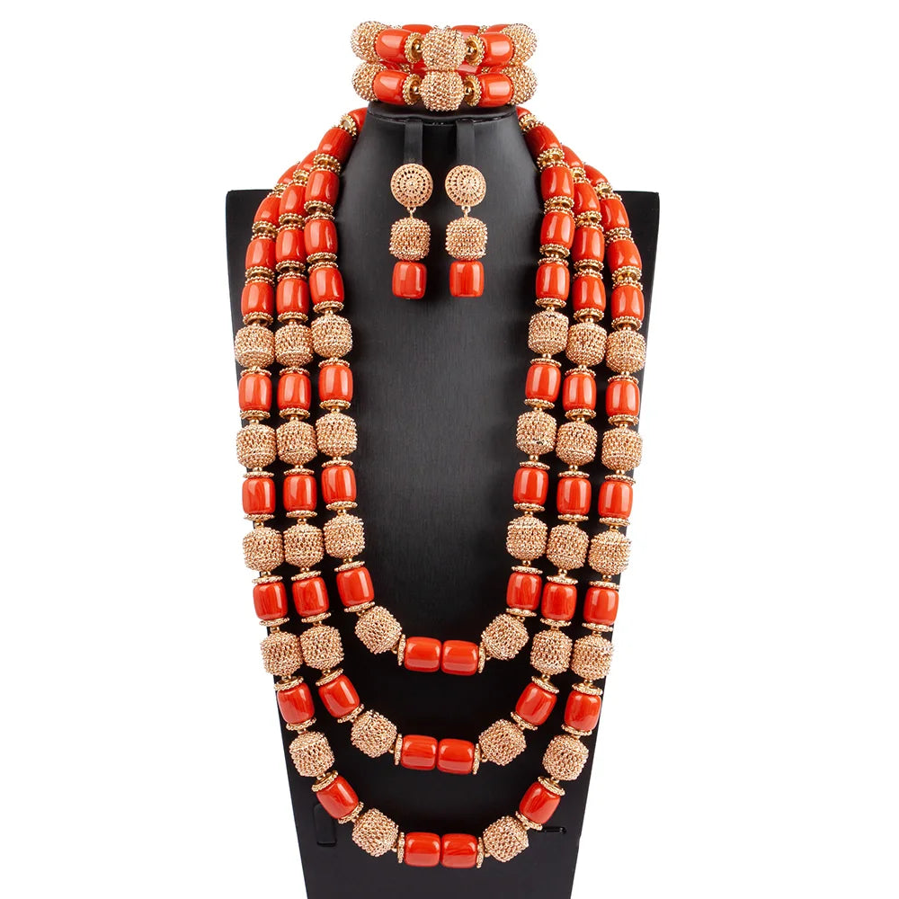 32 inches Long Orange Beads African Jewelry Set Women Bridal Party Costume Necklace Jewelry Set
