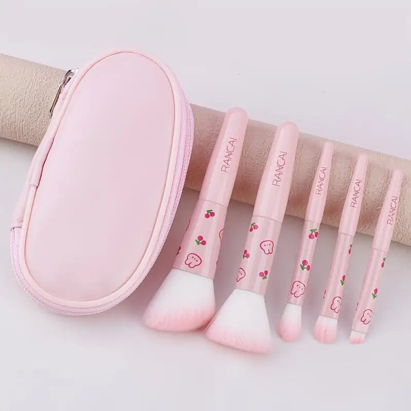 5pcs Cute Compact Makeup Brush Set With Case Premium Brush For Flawless Foundation Blush Eyeshadow Application Beauty Tools