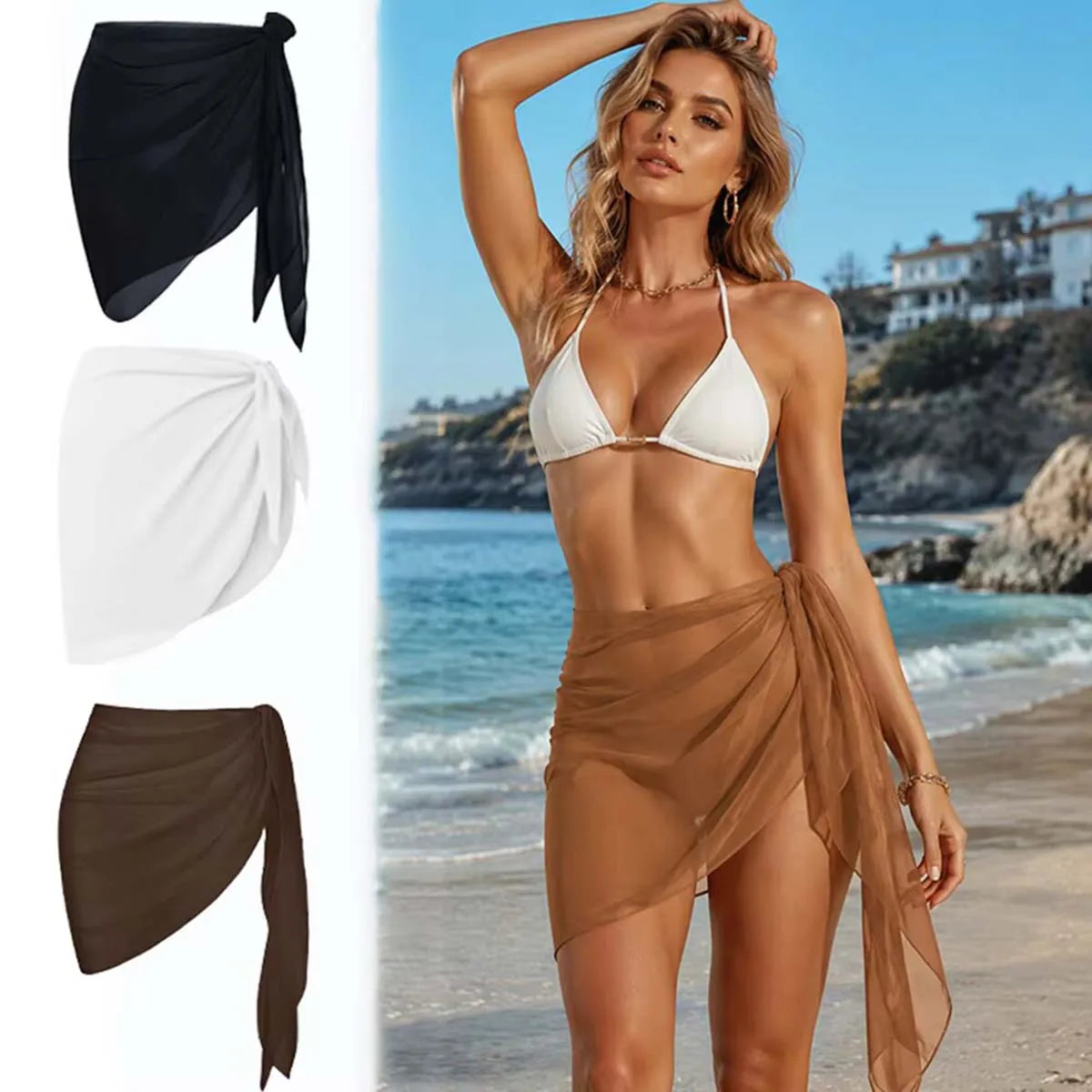Summer Vacation Bikini Beach Skirt Women Beach Swimming Chiffon Skirt Lightweight Scarf Beach Swimsuit Hoodie Strap Design Sexy