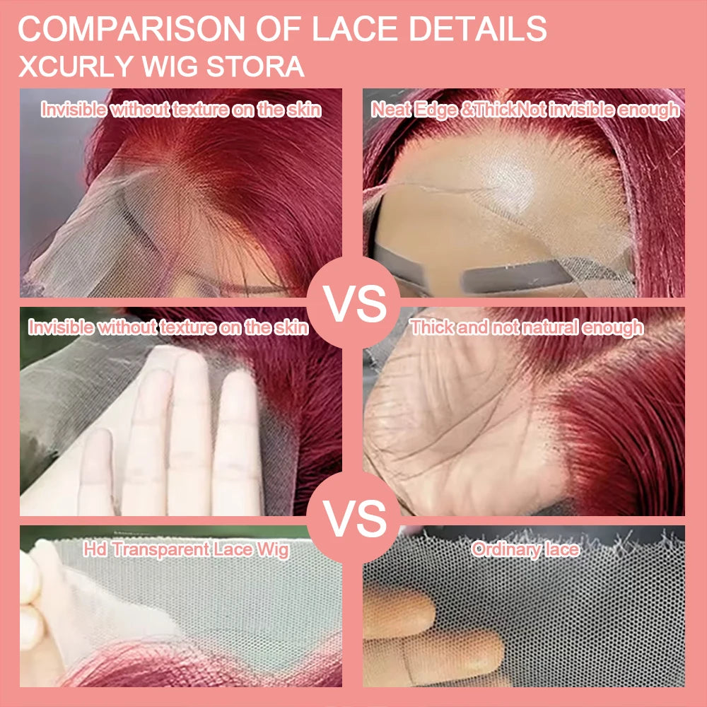 Burgundy Transparent Lace Frontal Human Hair Wig 7x5 Glueless Red 99J Straight Colored 13x4 Lace Front Human Hair Wigs For Women