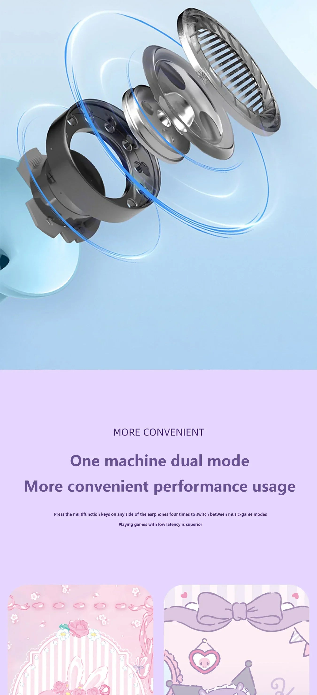 Sanrio EJ-986 TWS Earbuds Kuromi Hello Kitty Wireless Earphones Bluetooth Transparent Warehouse HIFI Sound Headsets Long Battery