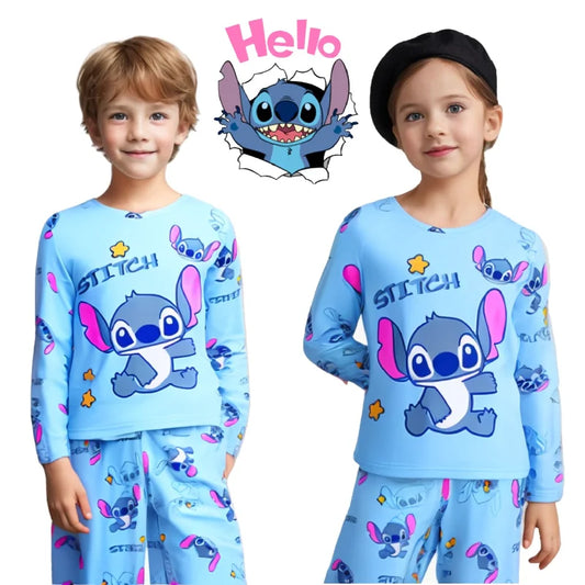 2025 Spring Summer 2pcs/set Stitch Homewear Pajamas for Kids Baby Soft Milk Silk Blue Anime Stitch Long Sleeve Sleepwear Sets