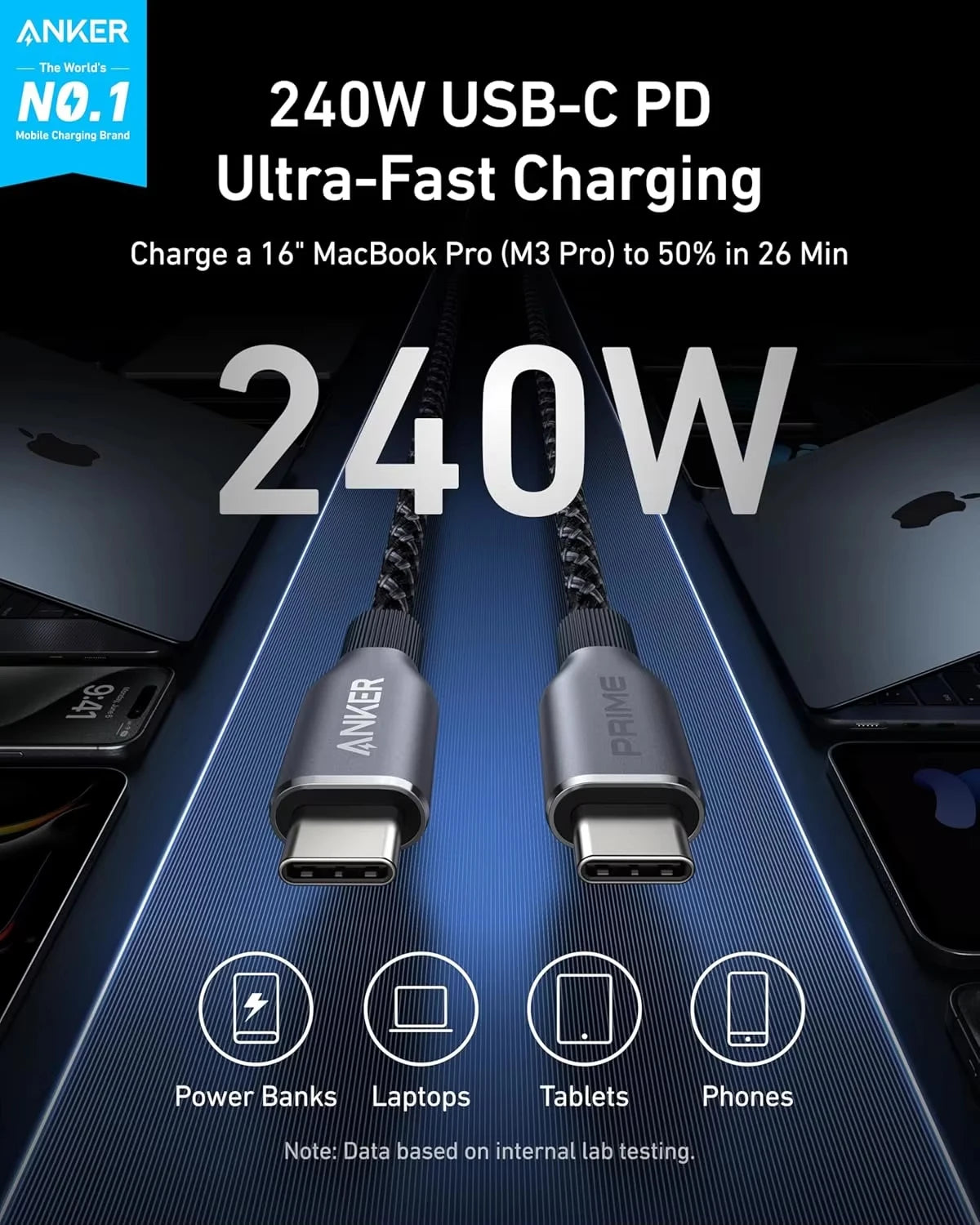 New Anker Prime USB C to USB C Cable, 240W 6 ft Fast Charging USB C Cable, Upcycled-Braided Nylon with 100-Year Bend Durability