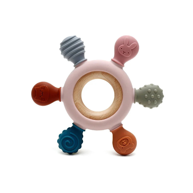 Cartoon Stegosaurus Baby Wooden Ring Silicone Teething Toys Easy to Grip Newborn Gift BPA Free Colorful Infant Chewing Molar Toy
