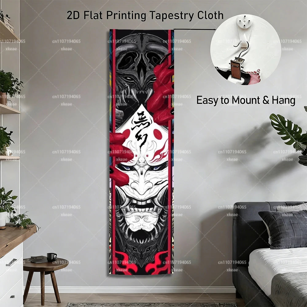 Japanese Oni Hannya Mask Tapestry, Samurai Demon Vertical Wall Hanging, Anime Aesthetic Room Decor