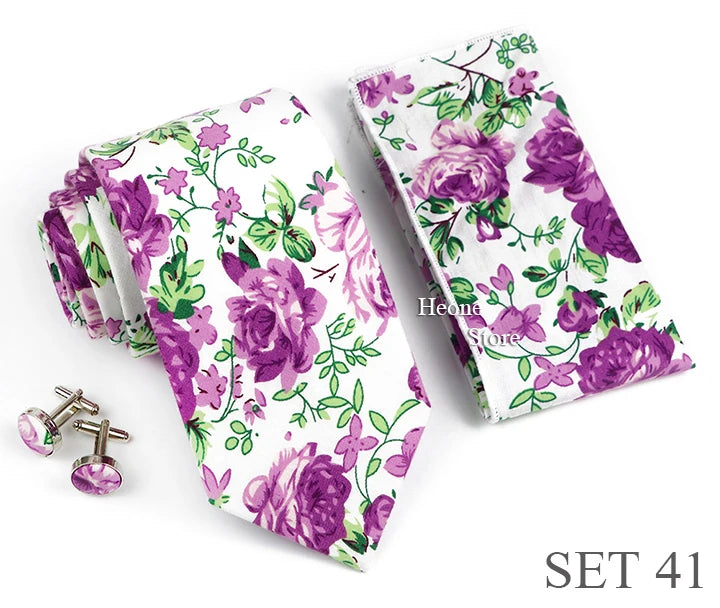 Hot Sell 3PC Chic Elegant Floral Tie Set Pocket Square Cufflinks For Men Women Wedding Party Dinner Suit Tuxedo Accessory Gift