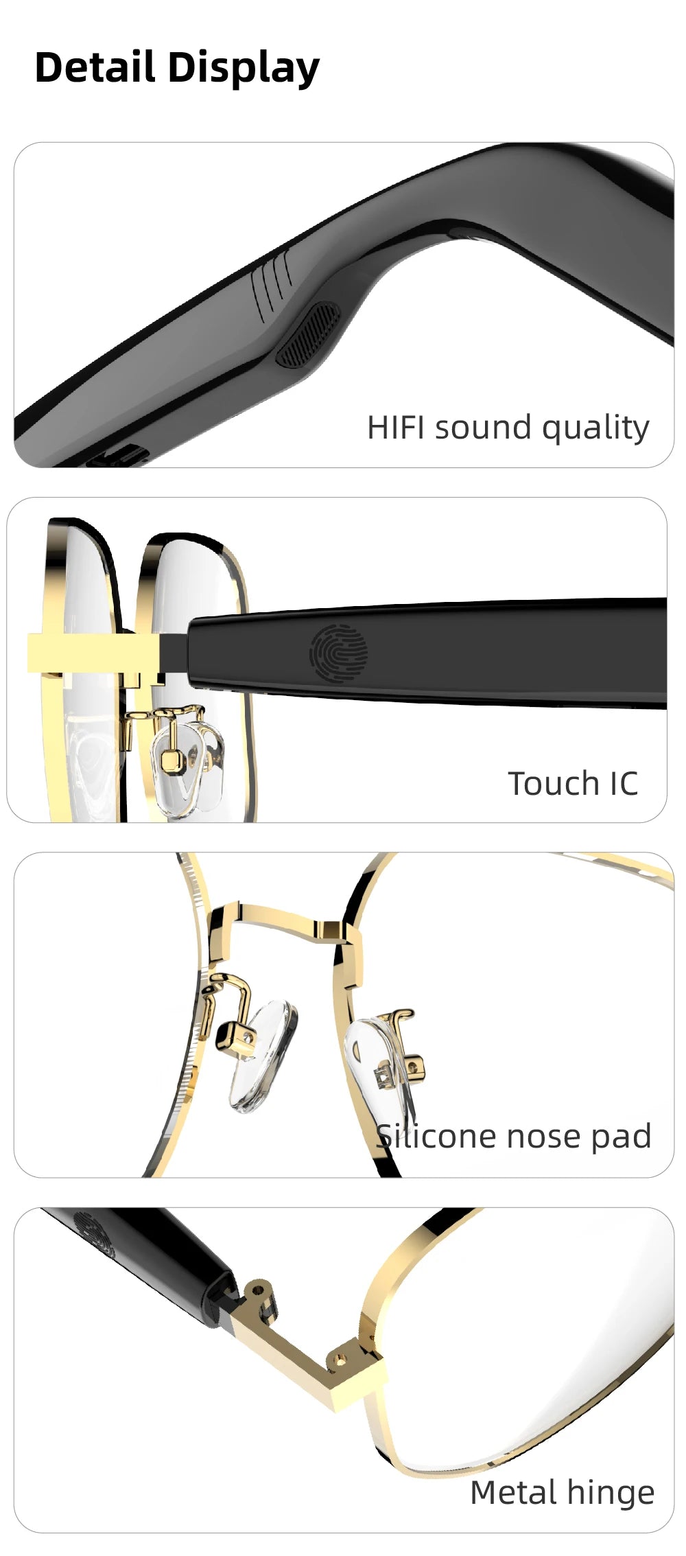 SG-16Pro New Trendy Smart Glasses Anti Blue Light Gold frame Sunglasses Music Stereo For Jogging Workouts SG16 PRO