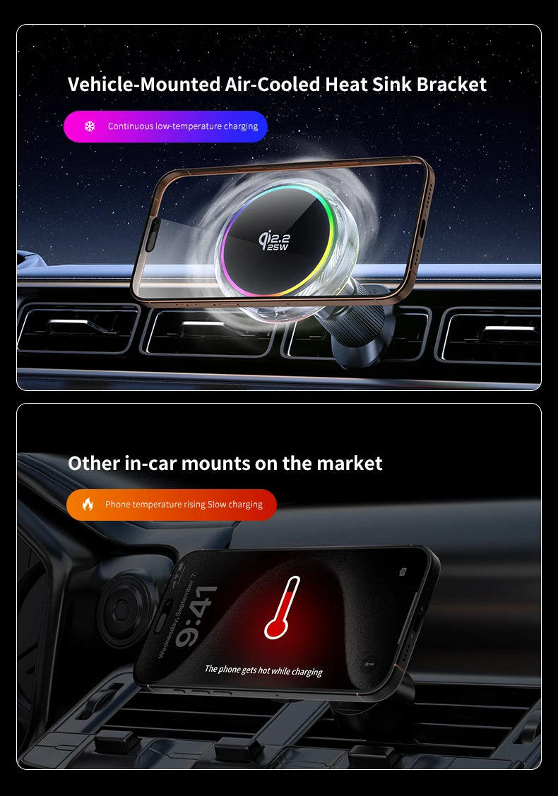 25W Air Cooling qi2.2 Car Magnetic Wireless Charger RGB Light  Phone Holder For Magsafe iPhone 17 16 15 14 13 12 Fast Charging