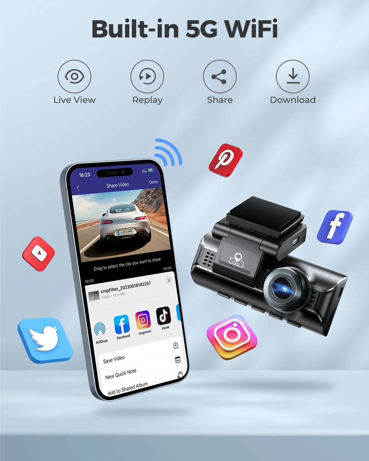 AZDOME M550 Pro Dash Cam 4K+1080P Built-in GPS 5G WiFi 3.19" IPS Screen Camera for Cars IR Night Vision 24H Parking Mode