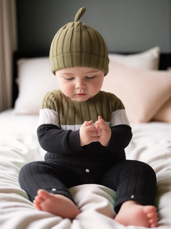 Baby Knitted Onesie Set Two-Piece Fresh Forest System Color Block Stripes Snap Bottom Soft Knitted Comfortable Warmth