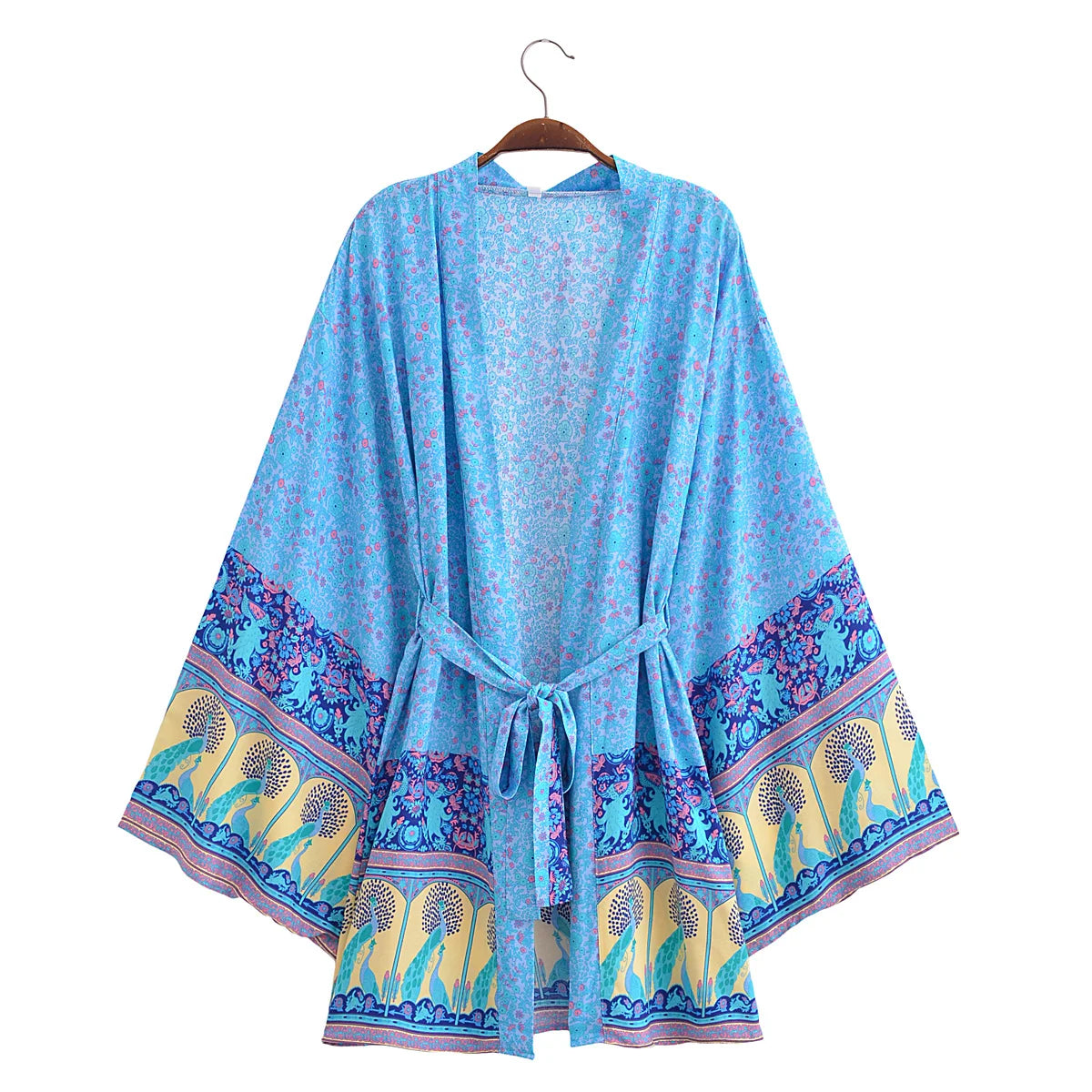 BOHO Women Blue With Pink Flower Print Kimono Shirt Holiday Tide Bow Sashes Mid Long Cardigan Summer Blouse Beach Cape