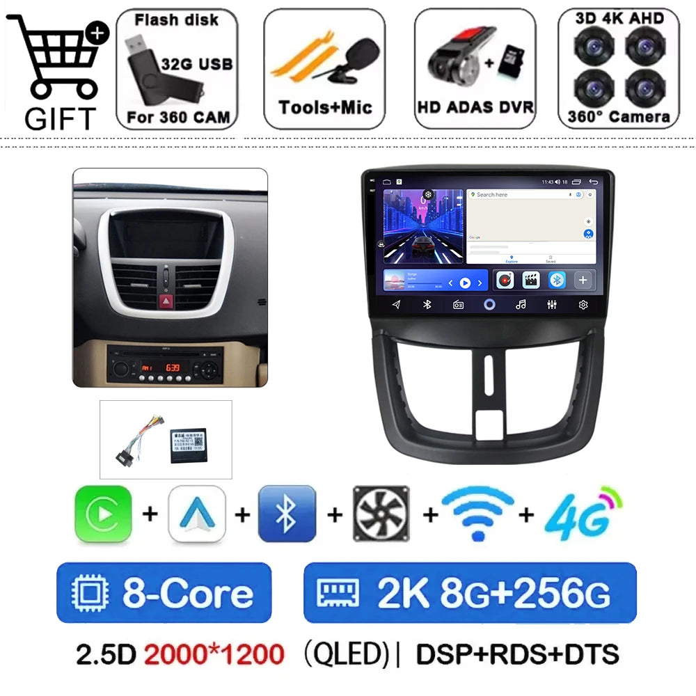 Car Radio For Peugeot 207 2006 - 2015 Multimedia Video Player Navigation Stereo GPS Android 14 wireless Carplay DSP RDS 5G WIFI