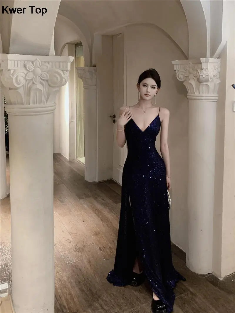 Women's Elegant V-neck Sequin Graduation Dresses Sexy Backless Split Bandage Runway Robe Summer Luxury Formal Occasion Clothes