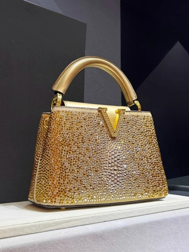 Luxury Brand Leather Diamond Handbag Rhinestone Shoulder Cross-body Tote Bags for Women Bolso Marca Lujo