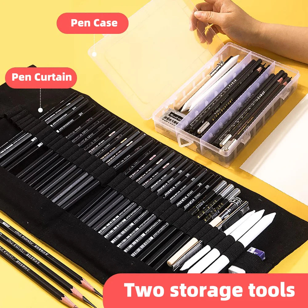 Sketching Pen Set Drawing Kit Student Portable Pen Curtain Charcoal Pencil Sketch Pencil Charcoal Stick Sharpener Eraser Set Box