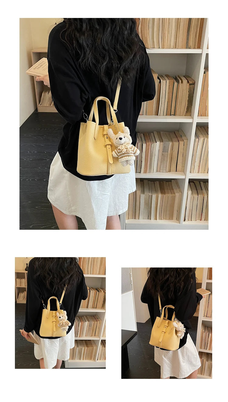Fashionable Bucket Handbag Women's Shoulder Bag Spring Versatile Commuting Crossbody Bag Soft PU Leather Magnetic Buckle Closure