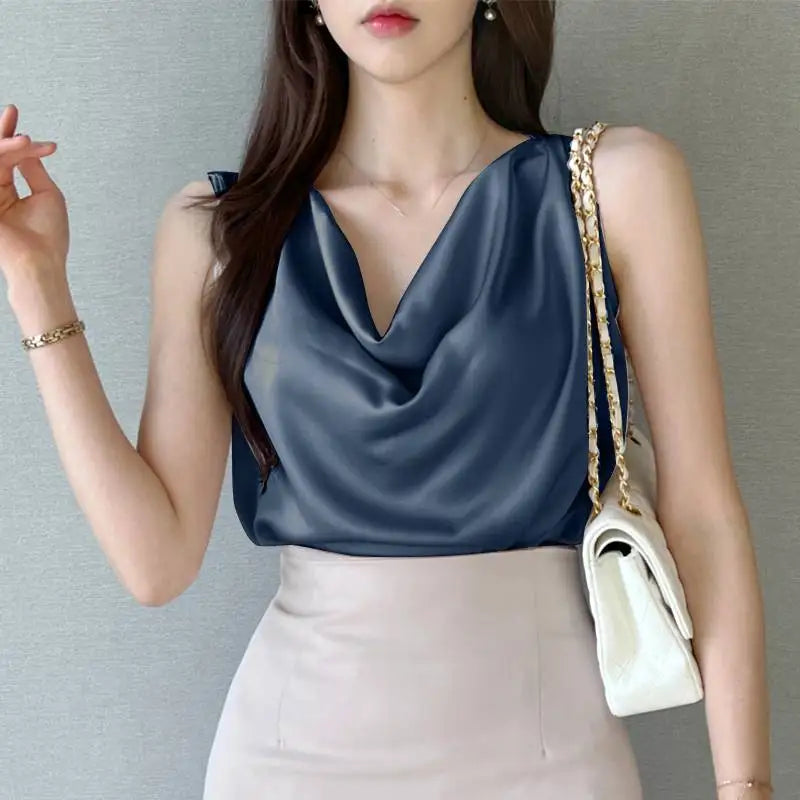 ZANZEA 2025 Elegant Korean Tanks Women Satin Silk Solid Color Sleeveless Tank Tops Fashion Sexy Office Lady Cowl Neck Camisole