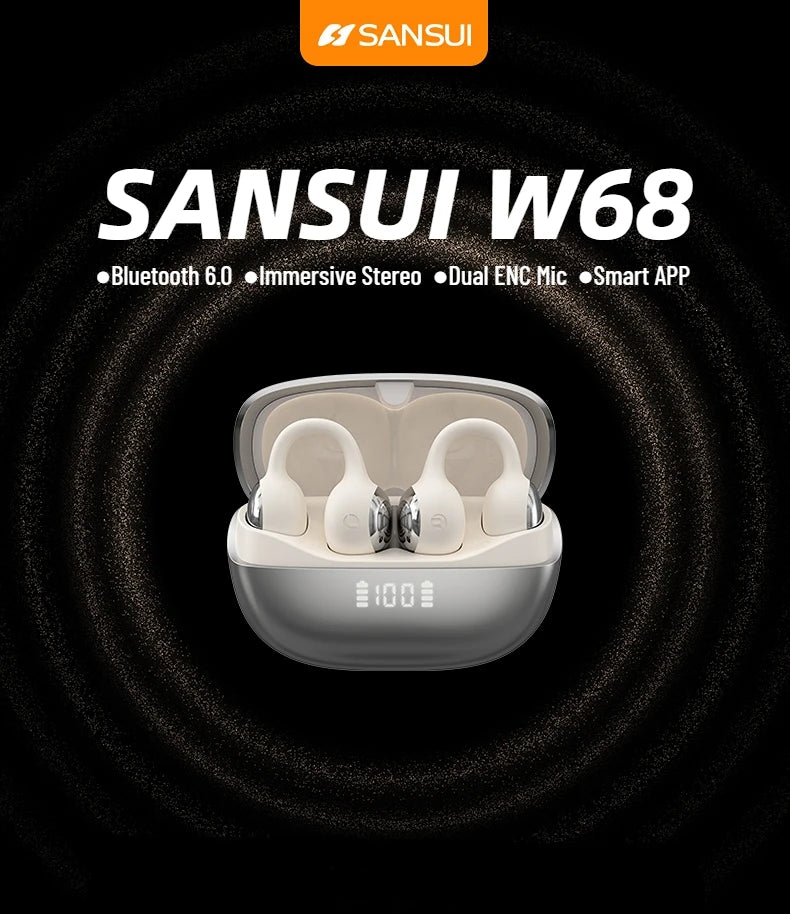 SANSUI W68 OWS Ear Clip Headphones Air Conduction Bluetooth 6.0 Earphones Dual ENC Clear Call TWS Wireless Earbuds with APP