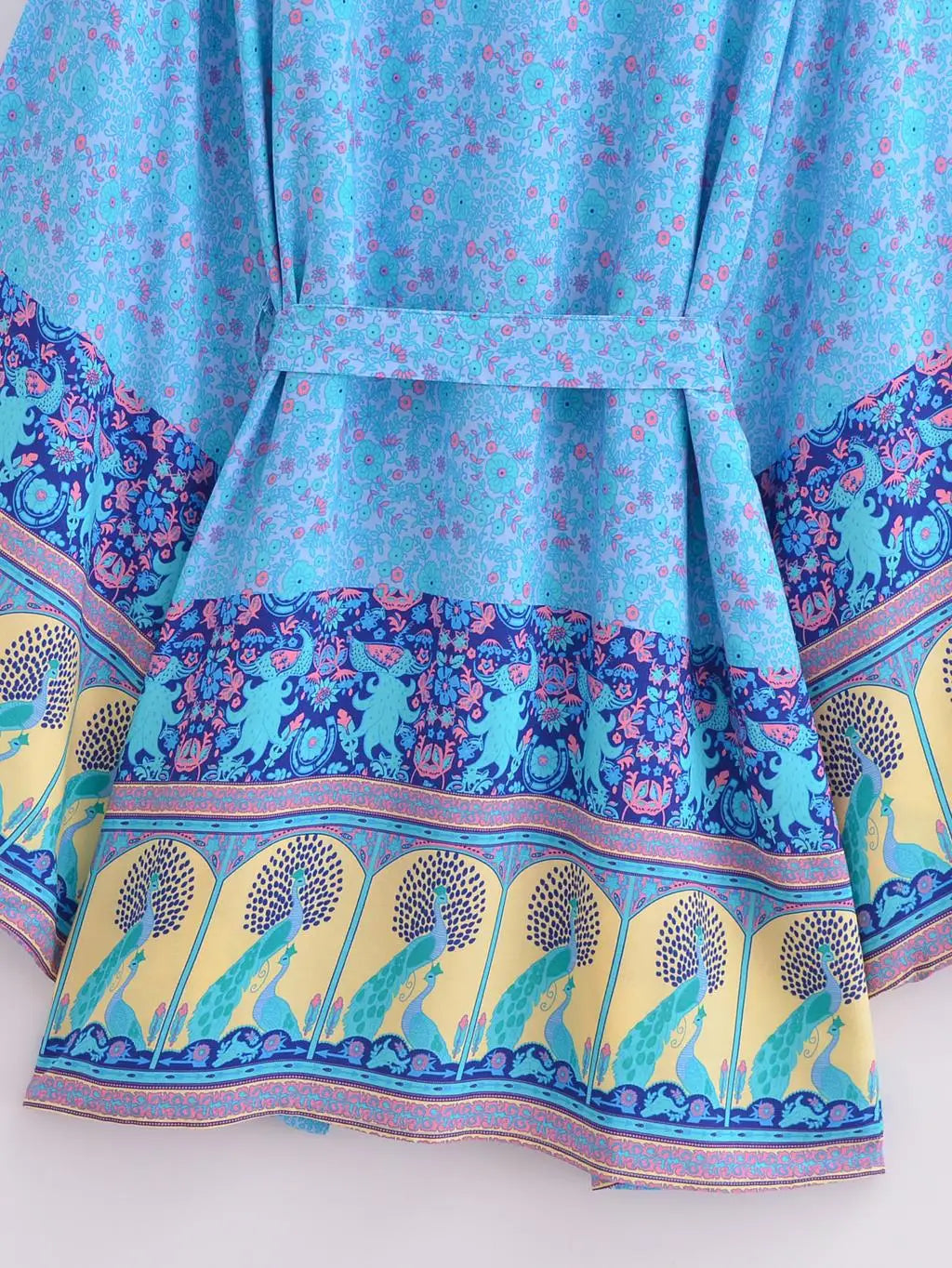 BOHO Women Blue With Pink Flower Print Kimono Shirt Holiday Tide Bow Sashes Mid Long Cardigan Summer Blouse Beach Cape