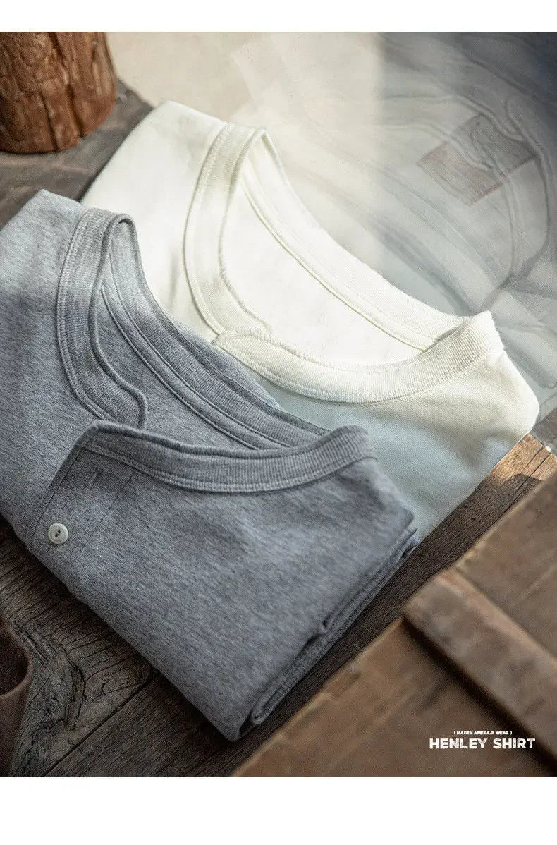 Vintage Daily Stand Neck T-shirt Men's Solid Patchwork Button Trendy Temperament Simple Cotton Long Sleeved Top JJ356