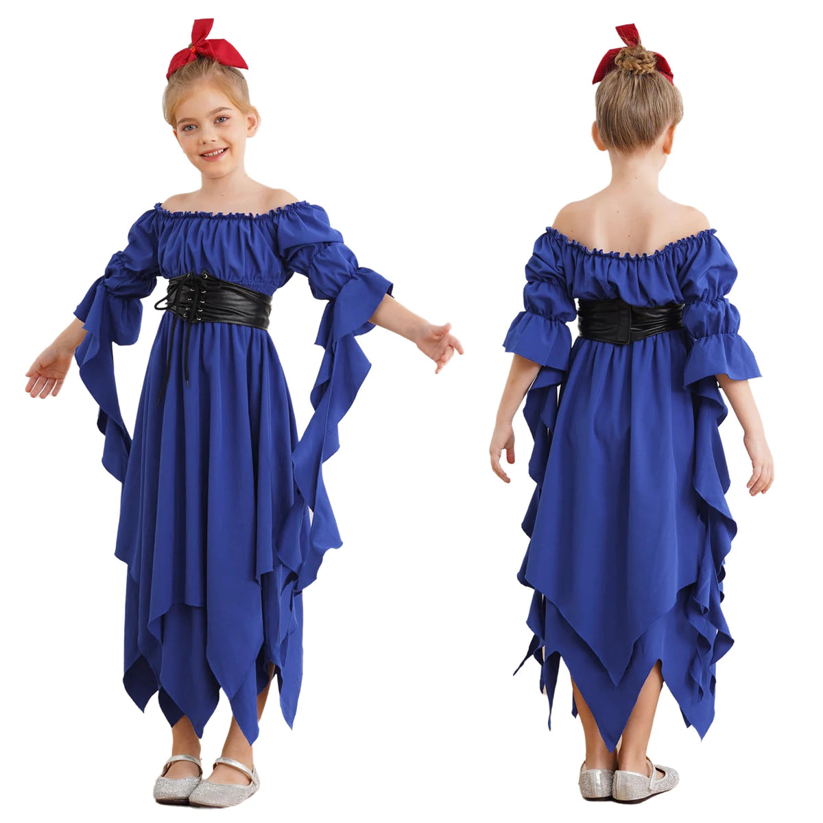 Girls Halloween Medieval Renaissance Witch Vampire Cosplay Costume Victorian Gothic Dress Off Shoulder Smocked Irregular Gown