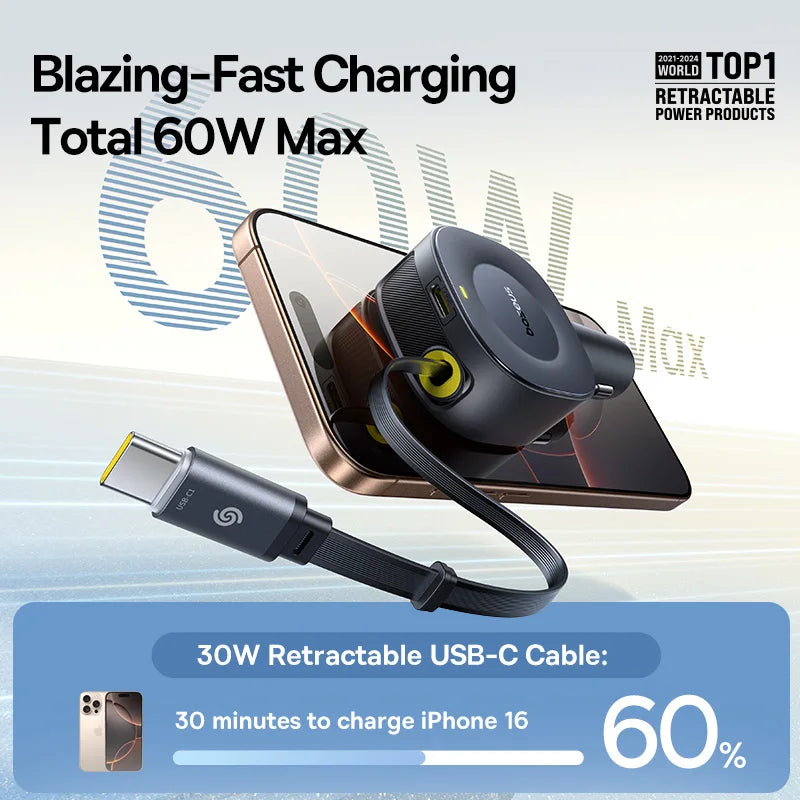 Baseus 30W Car Charger USB-C Type-C Retractable Fast Charging Car Phone Charger Adapter