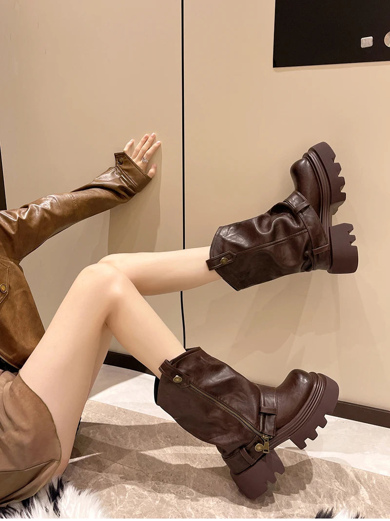 Designer Vintage Women Ankle Boots Fashion Slip On Knight Short Booties Ladies Casaul Platform Heels Botas Mujer