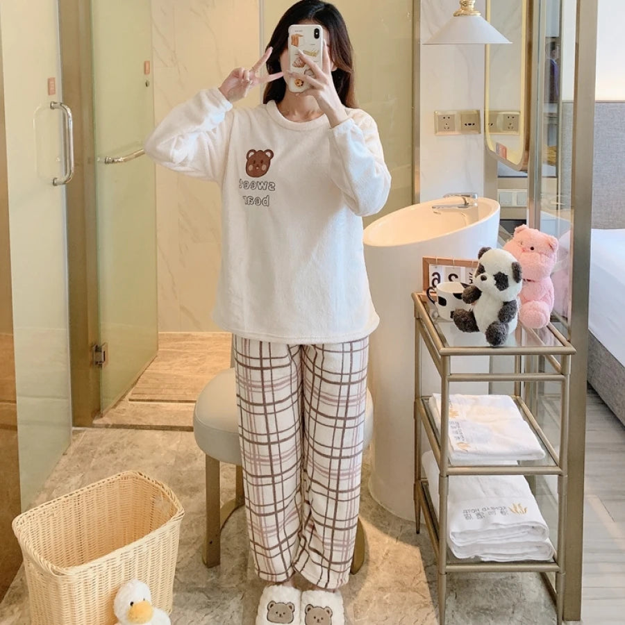 Winter Fleece Thick Women's Pajamas Set Cute Bear Plaid Long Sleeve Womens 2 Piece Outfit Set Printing Pijamas Set for Woman