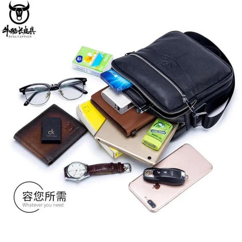 BULLCAPTAIN 2024 New Brand 100% cowhide men's bag shoulder bags high quality messenger small bag retro square luxury  handbag