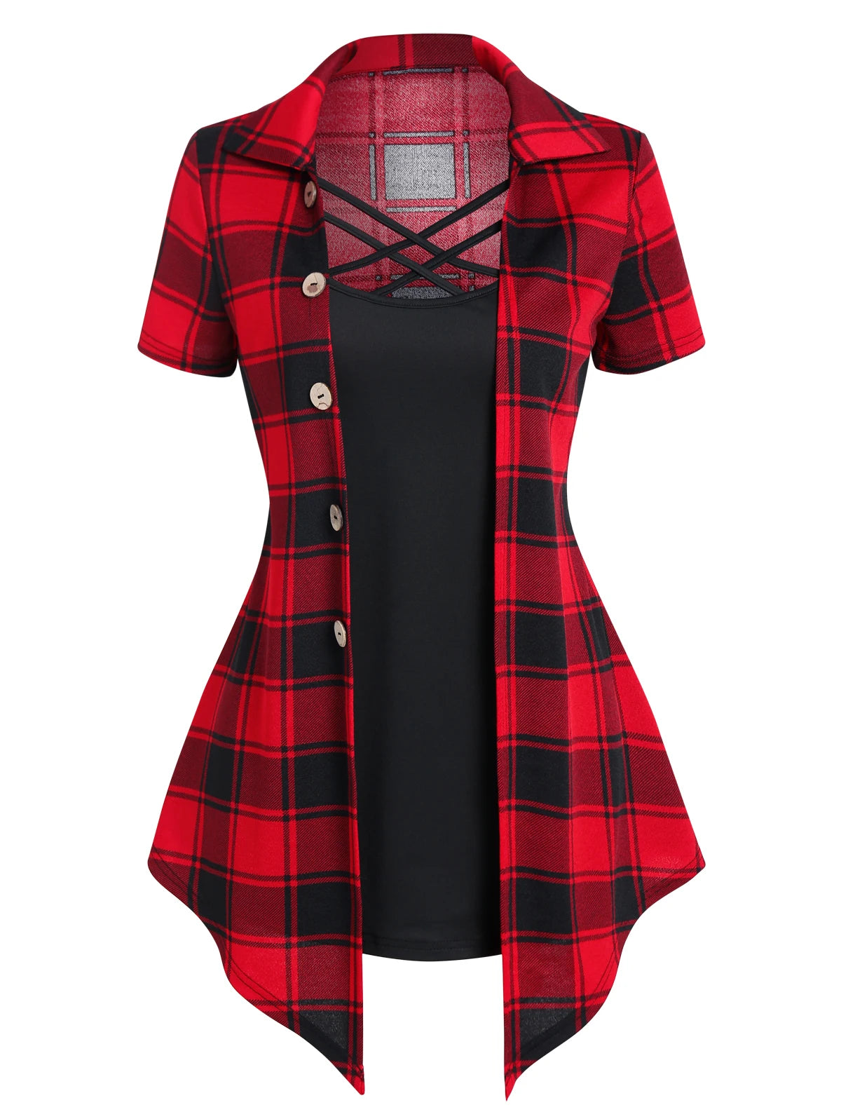 Vintage Plaid Print Crisscross Pointed Hem Faux Twinset T Shirt Women Fashion Casual Retro Combo Twofer 2 In 1 Tees