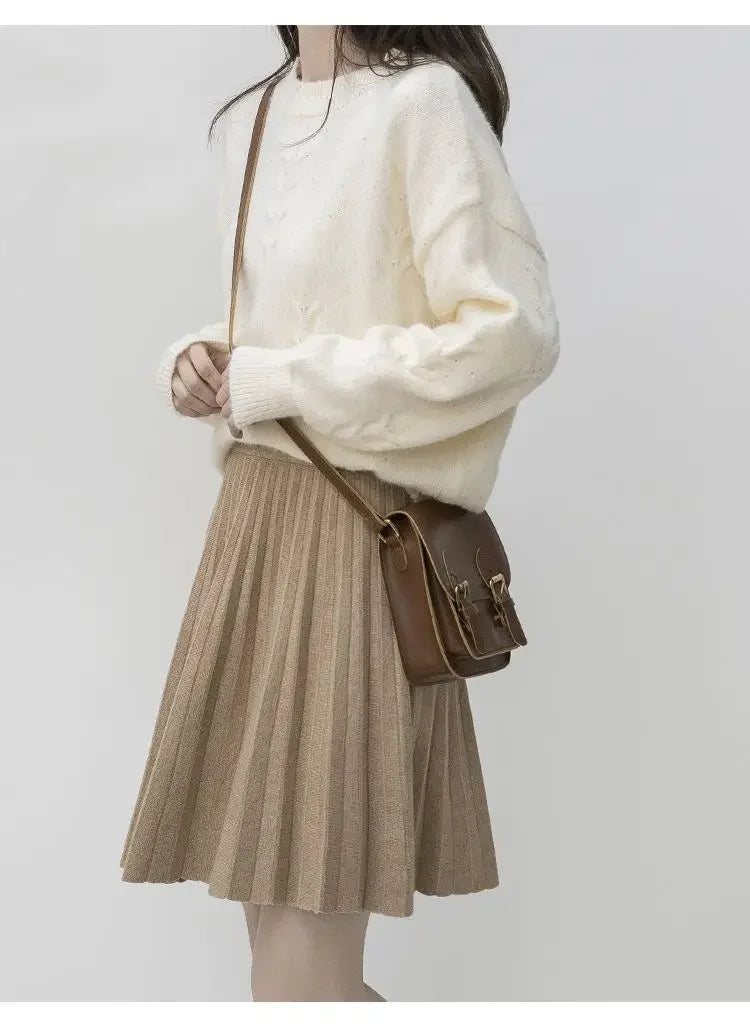 Clothes for Women Autumn Winter Korean Fashion Sexy Sweet Chic Pleated Skirts Elegant High Waist Solid Slim A-line Knitted Skirt