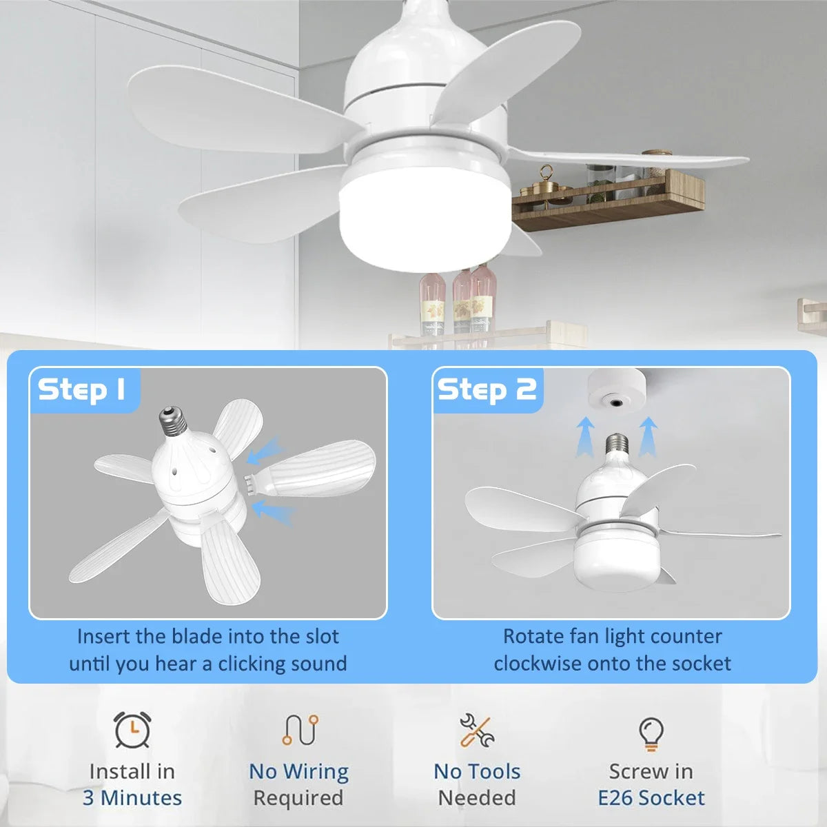 Indoor Fan Light Bulb Dimmable LED Ceiling Fans with Lights Remote Adjustable Color and Brightness Fan for Kitchen Bedroom