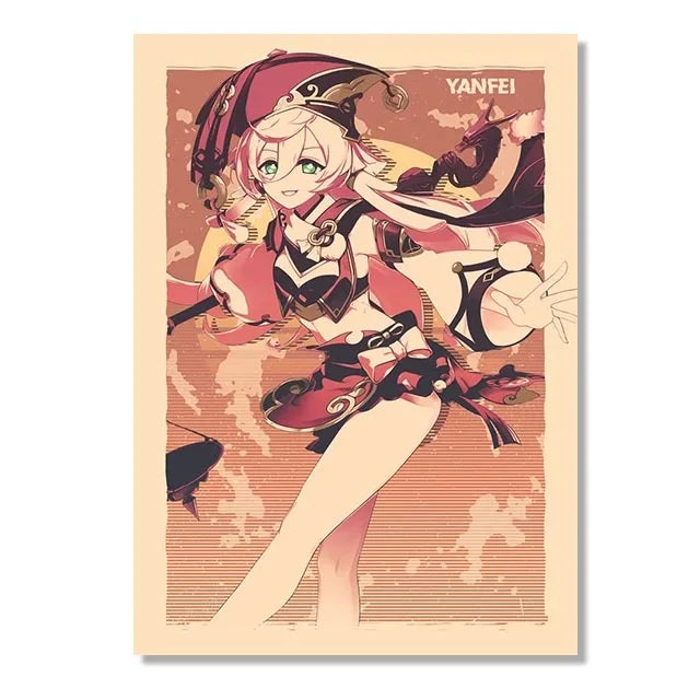 Genshin Game Retro Canvas Poster Ganyu Hu Tao Game  Wall Hanging Painting Anime Wall Art Pictures and Print for Home Room Decor