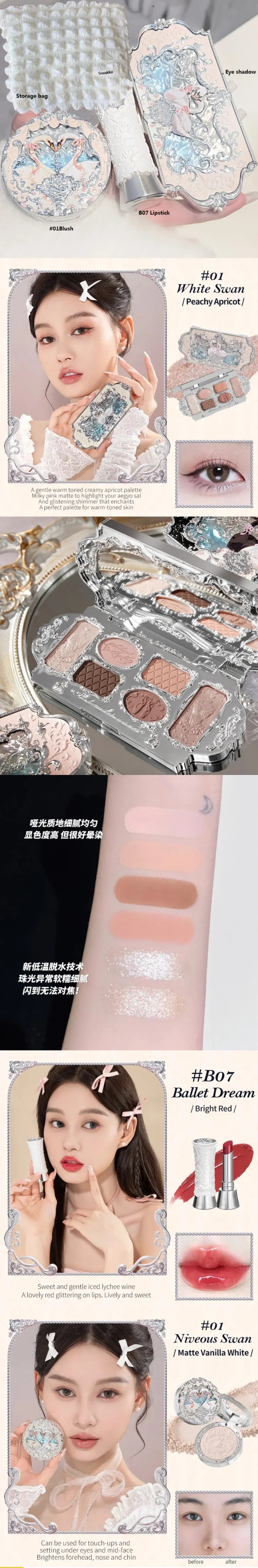 Makeup Flower Knows Set Swan Ballet Series Six Color Eyeshadow Palette Embossed Blusher Shine Lipstick Kit With Bag All In