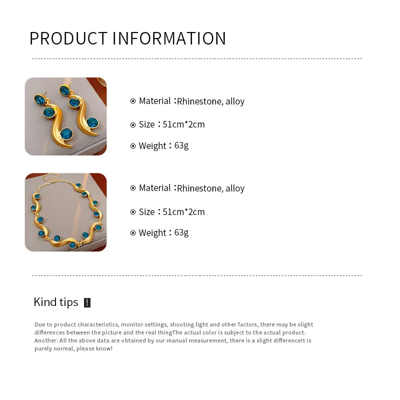 1/2 Pcs Unique Round Wave Long Earrings Blue Rhinestone Adjustable Chain Necklace Bohemian Women Fashion Jewelry Set Vacation N