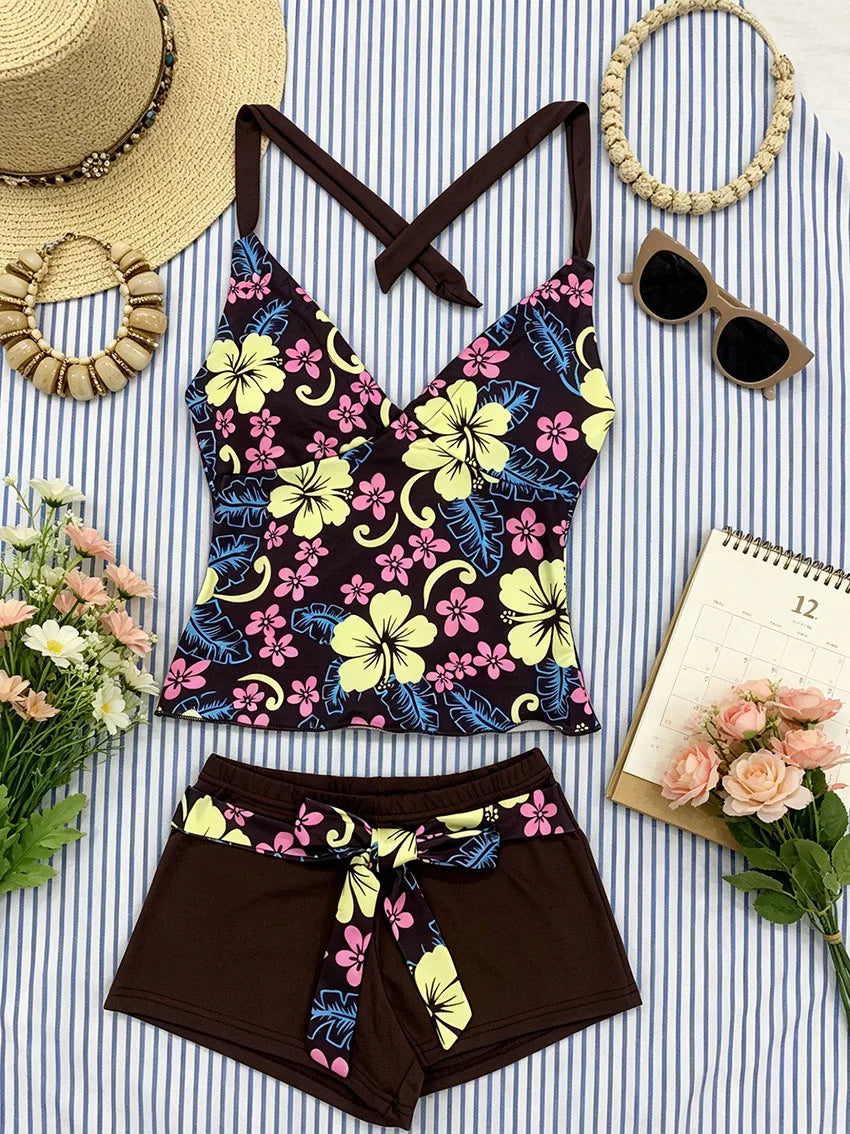 Retro Hawaiian Style Women Tankini Swimwear Floral Halter V Neck Shir Top Matching Brown Short Bottom Self Tie Waist Beach Suits