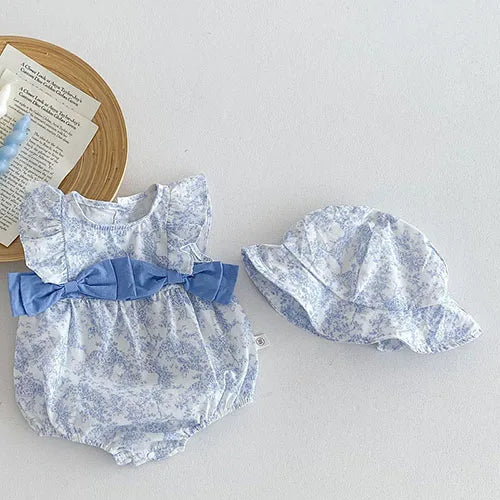 2025 New Summer Infant Baby Girls Bodysuits+Hat Sleeveless Cotton Flower Print Toddler Baby Girls Jumpsuit 0-24M Baby Clothing