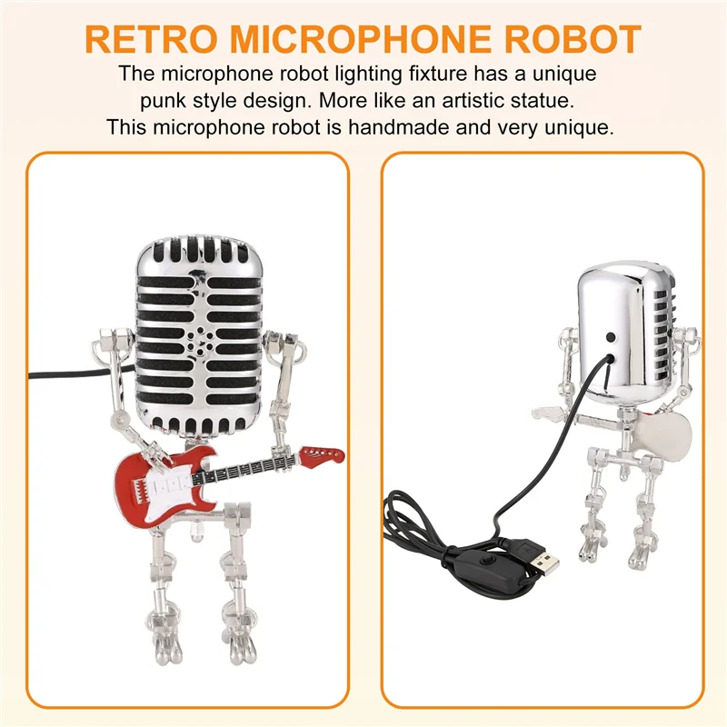Mic Robot,Retro Style Microphone Robot Table Lamp,Holding Guitare Night Light,Vintage Microphone Robot Desk Lamp-B91B