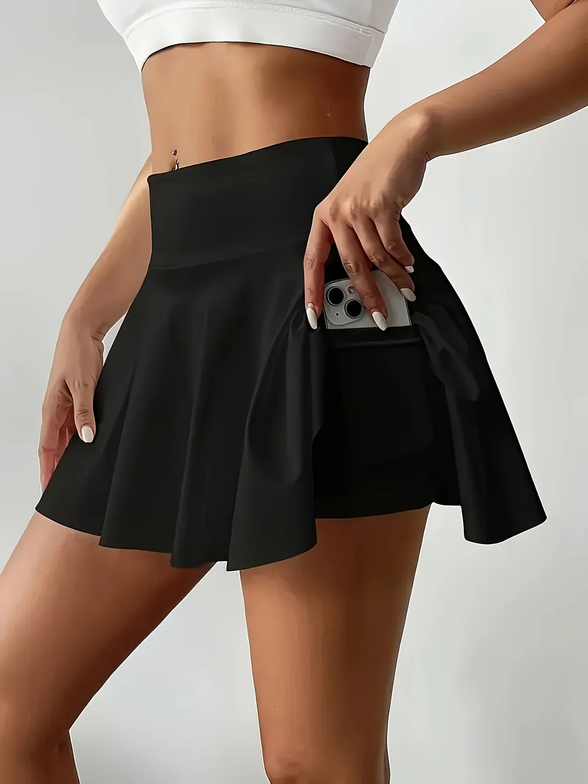 Women's Solid Color High Waisted Tennis Pleated Skirts Inner Pocket Quick Drying Sports Short Running Fitness Skirt