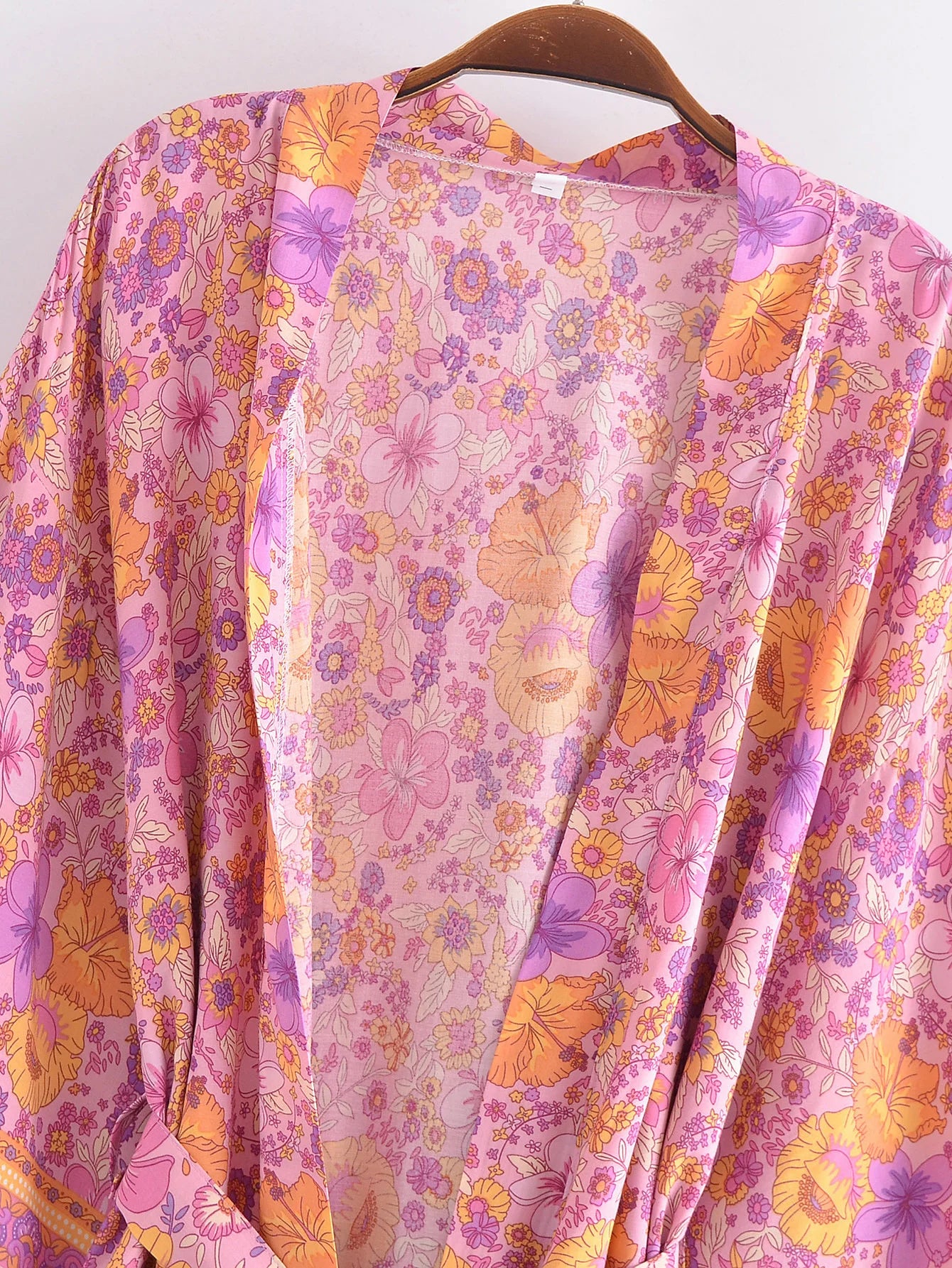 BOHO Women Blue With Pink Flower Print Kimono Shirt Holiday Tide Bow Sashes Mid Long Cardigan Summer Blouse Beach Cape
